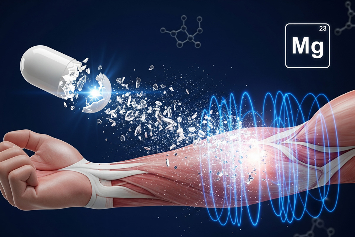 Illustration of a capsule breaking apart and releasing glowing particles into a muscular arm, symbolizing rapid absorption and energy transfer; includes magnesium element symbol (Mg) and digital waves enhancing the concept of bioavailability. Represents the best magnesium for athletes.