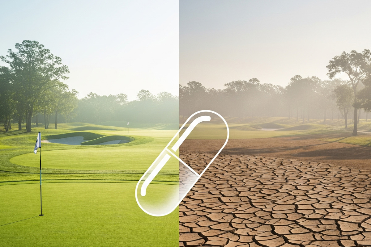 Illustration of a split golf course—one side lush and green, the other dry and cracked—symbolizing the impact of proper hydration for golfers. A white capsule icon overlays the center, representing HYDR8ION electrolyte support for energy and focus on the back nine.