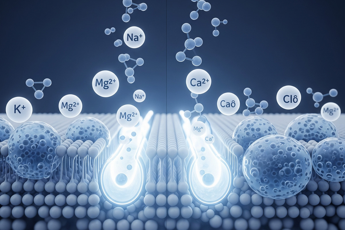 Visual representation of electrolytes like sodium, potassium, calcium, magnesium, and chloride moving through cell membranes—demonstrating how a hydration multiplier helps water absorb into the body at the cellular level.