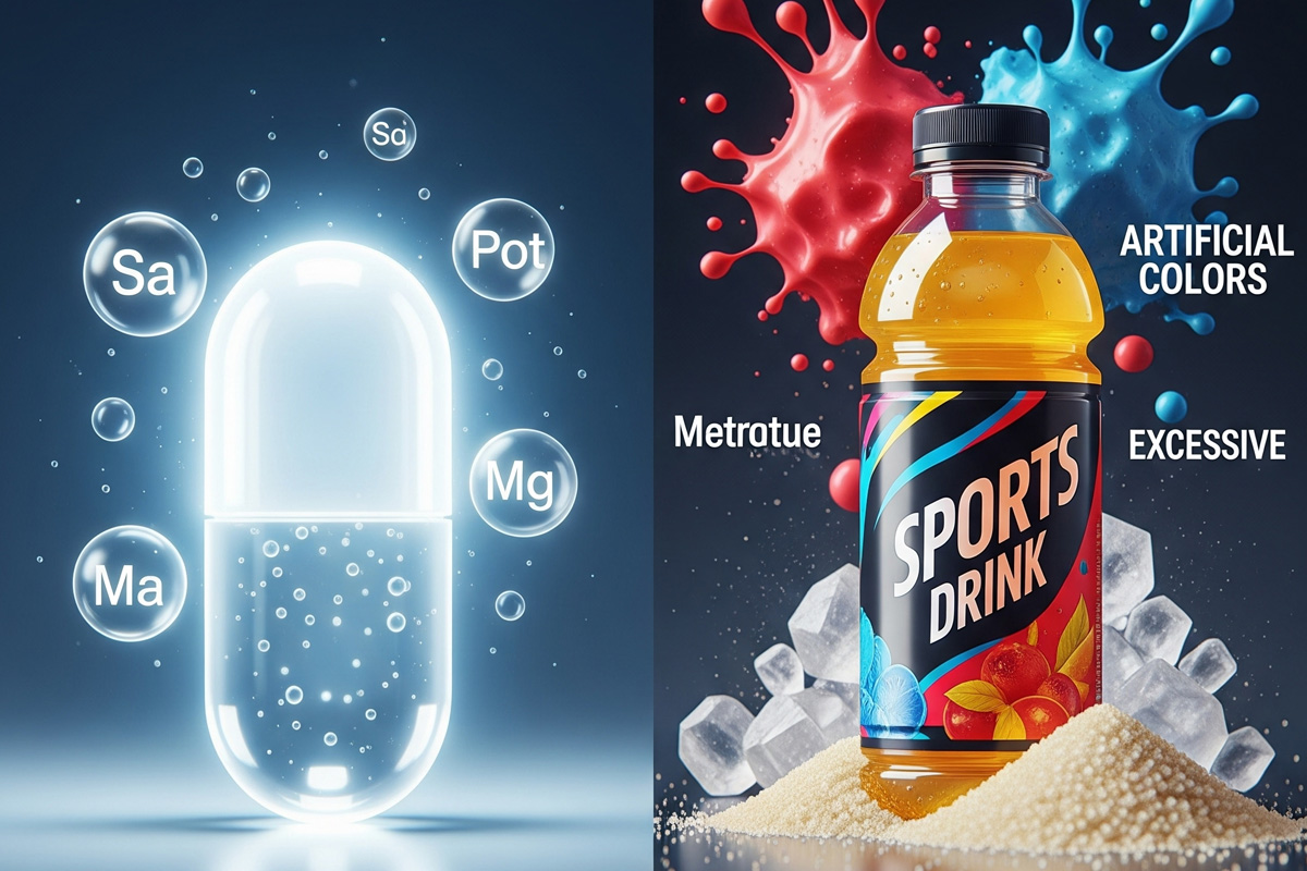 Comparison image showing a glowing hydration capsule with labeled electrolytes (sodium, potassium, magnesium) on the left, and a sugary sports drink with artificial colors and ice on the right. Highlights the benefits of hydration without sugar.