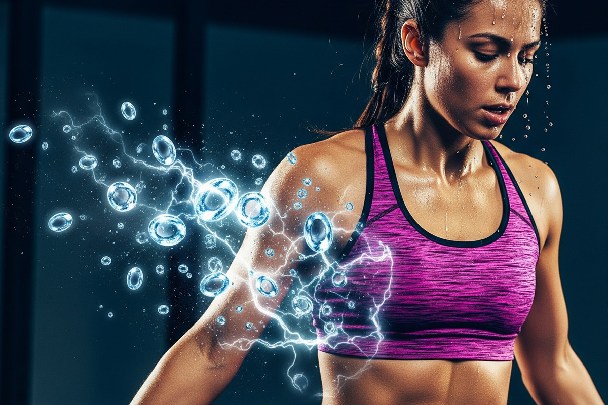 Athletic woman sweating during a workout with digital water and energy effects representing electrolyte absorption — highlighting the benefits of an electrolyte supplement for hydration.