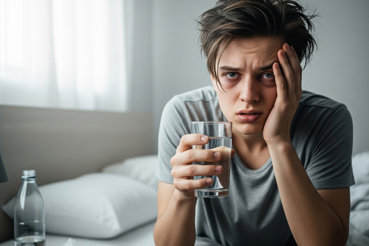 Young adult with messy hair and dark circles, sitting on a bed looking hungover while holding a glass of water—illustrating the need for an electrolyte supplement for hangovers.