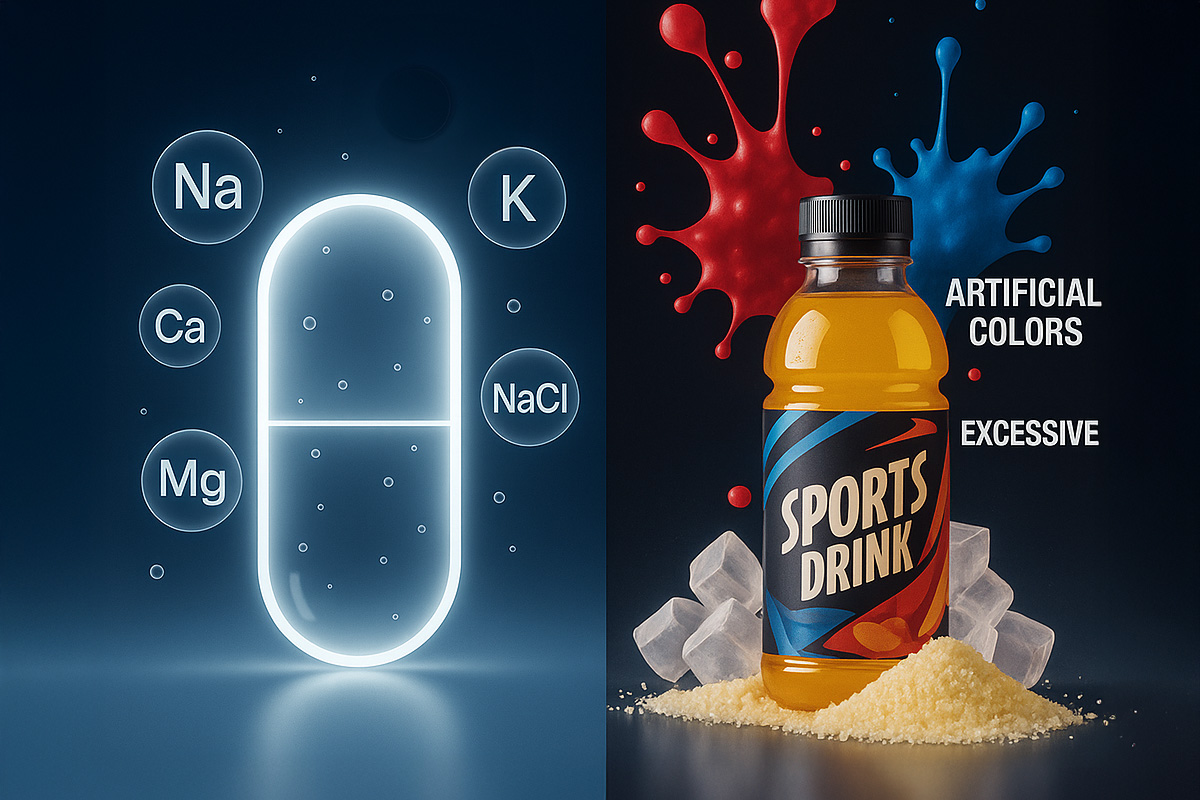 Comparison image showing a glowing hydration capsule with labeled electrolytes (sodium, potassium, magnesium) on the left, and a sugary sports drink with artificial colors and ice on the right. Highlights the benefits of hydration without sugar.